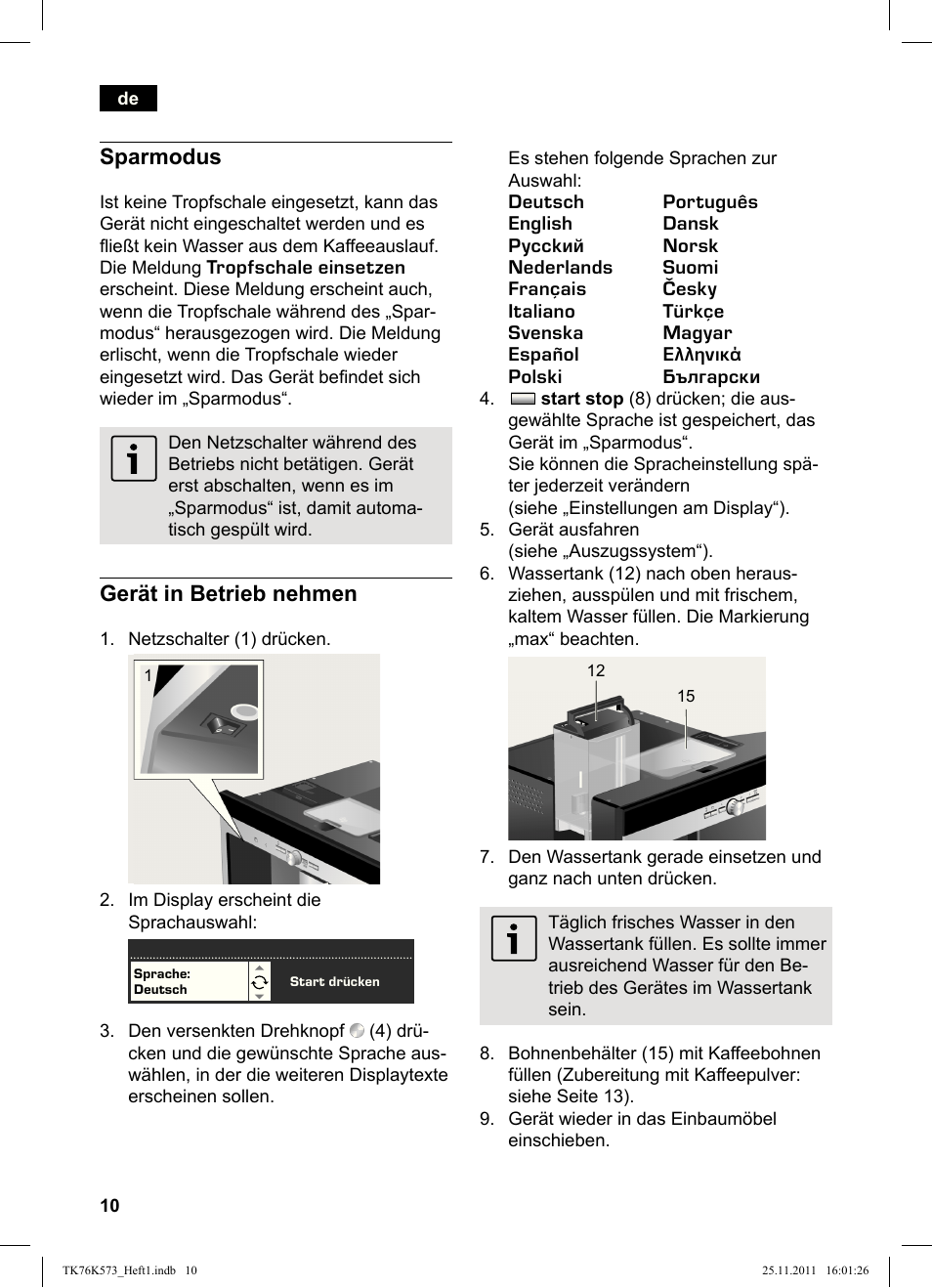 Sparmodus, Gerät in betrieb nehmen | Siemens TK76K573 User Manual | Page 12 / 176