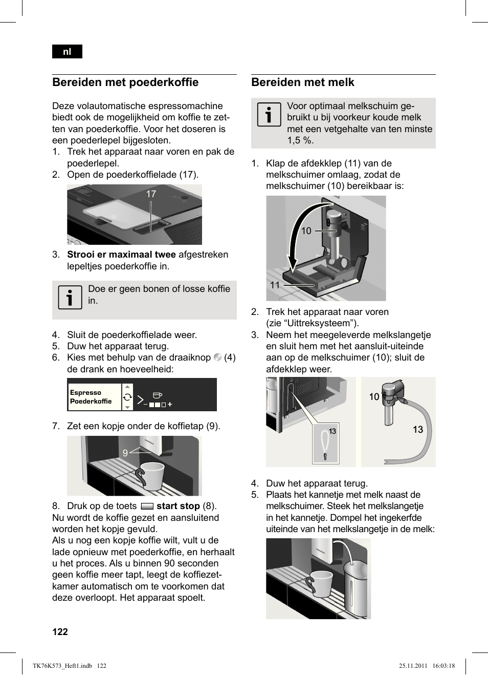 Bereiden met poederkofi e, Bereiden met melk | Siemens TK76K573 User Manual | Page 124 / 176