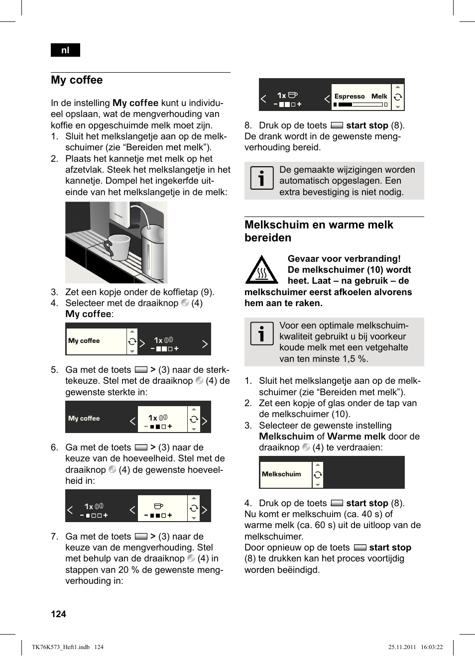 My coffee, Melkschuim en warme melk bereiden | Siemens TK76K573 User Manual | Page 126 / 176