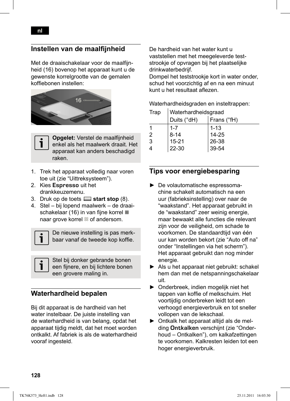 Instellen van de maali jnheid, Waterhardheid bepalen, Tips voor energiebesparing | Siemens TK76K573 User Manual | Page 130 / 176