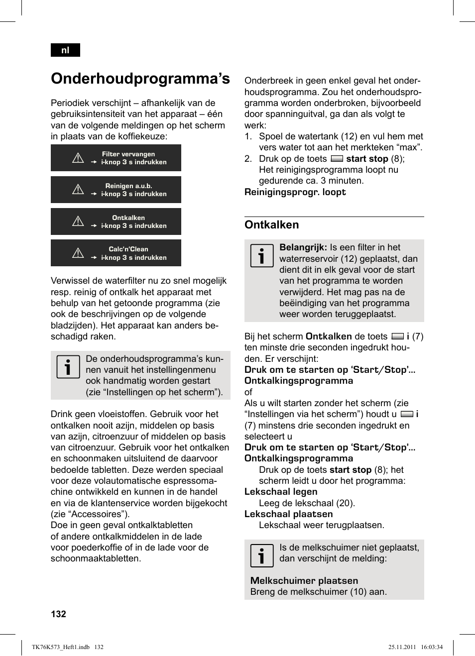 Onderhoud programma’s, Ontkalken | Siemens TK76K573 User Manual | Page 134 / 176