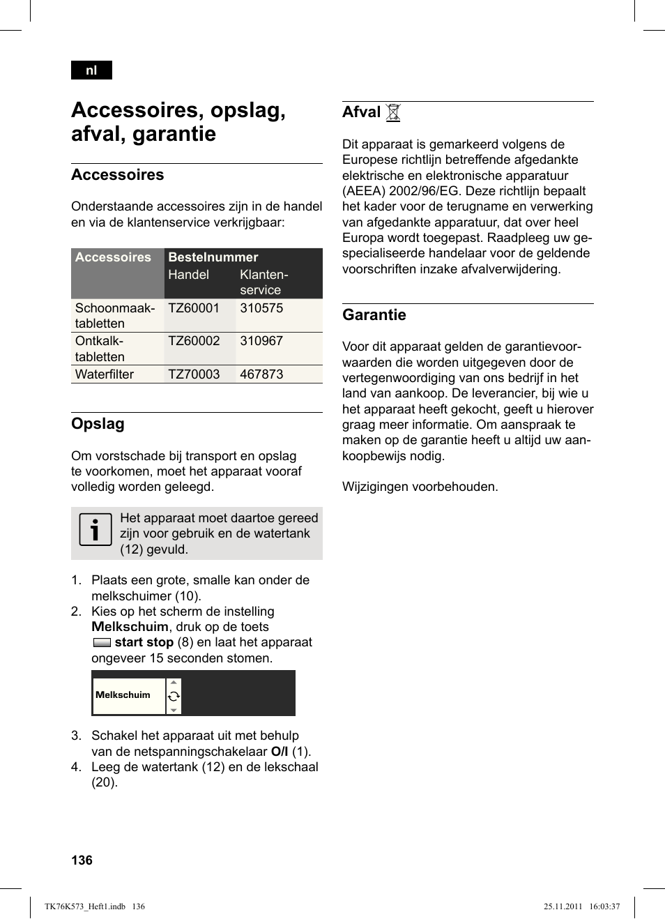 Accessoires, opslag, afval, garantie | Siemens TK76K573 User Manual | Page 138 / 176