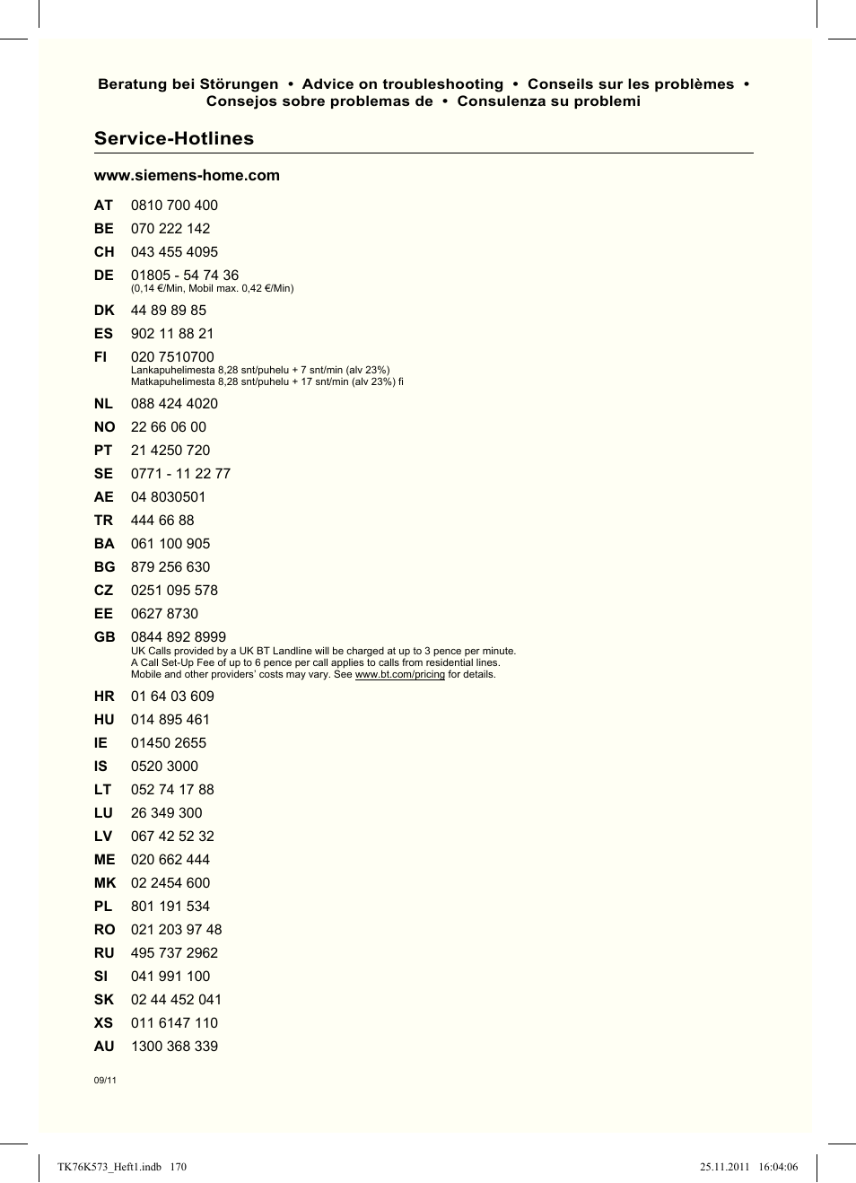 Service-hotlines | Siemens TK76K573 User Manual | Page 172 / 176