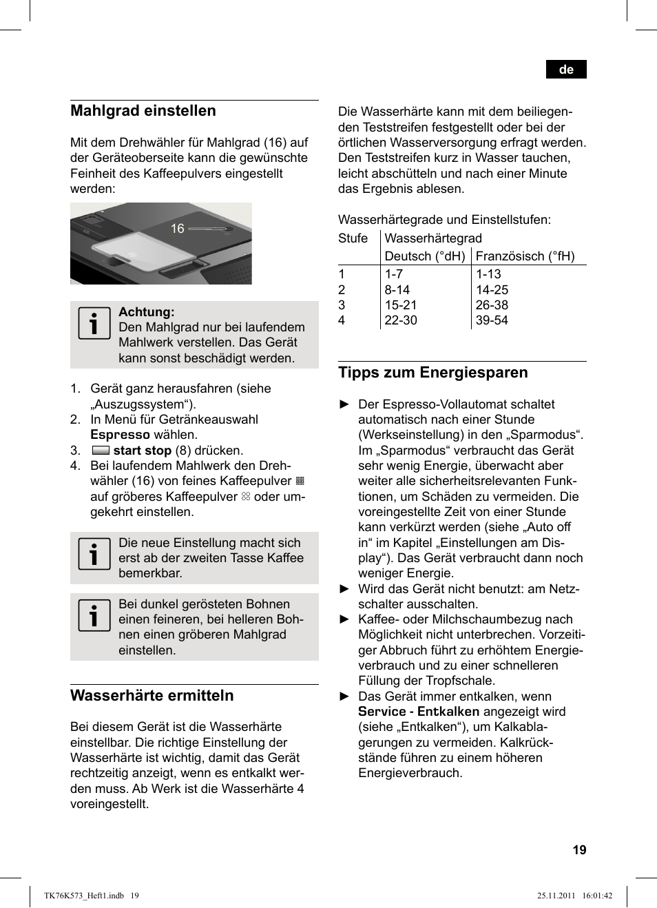 Mahlgrad einstellen, Wasserhärte ermitteln, Tipps zum energiesparen | Siemens TK76K573 User Manual | Page 21 / 176