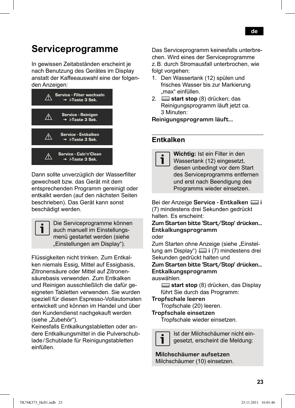 Serviceprogramme, Entkalken | Siemens TK76K573 User Manual | Page 25 / 176