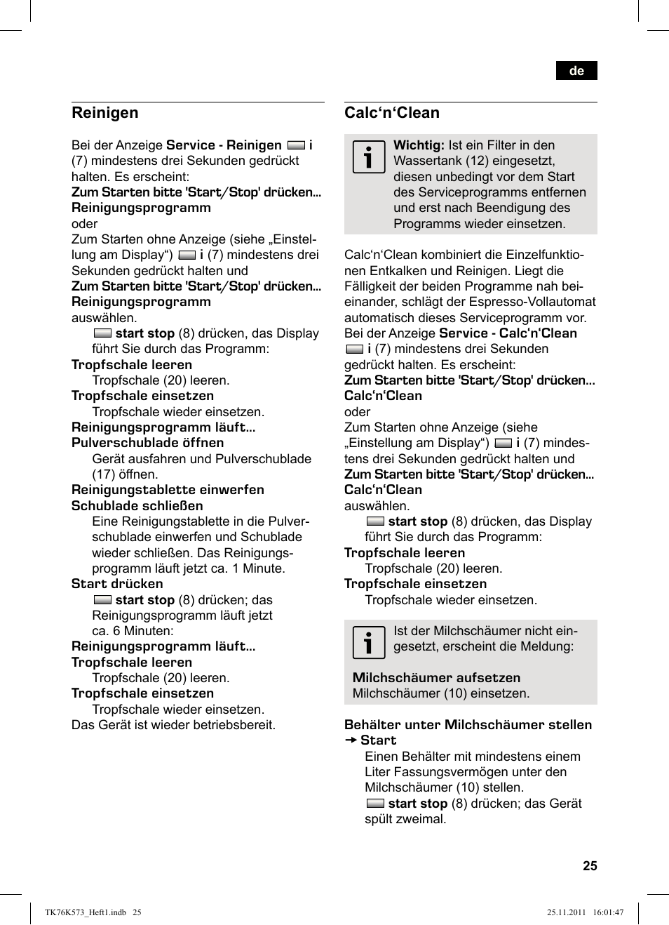 Reinigen, Calc‘n‘clean | Siemens TK76K573 User Manual | Page 27 / 176