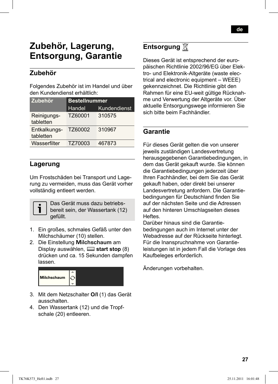 Zubehör, lagerung, entsorgung, garantie | Siemens TK76K573 User Manual | Page 29 / 176