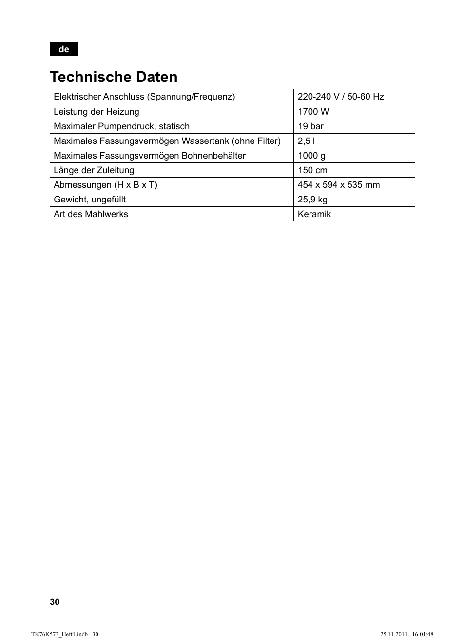 Technische daten | Siemens TK76K573 User Manual | Page 32 / 176