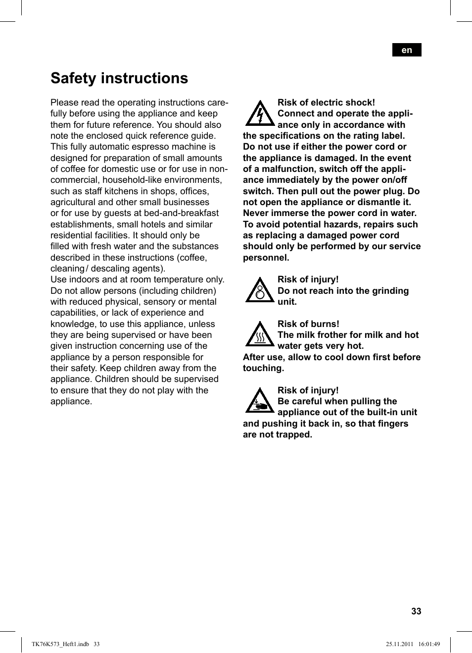 Safety instructions | Siemens TK76K573 User Manual | Page 35 / 176