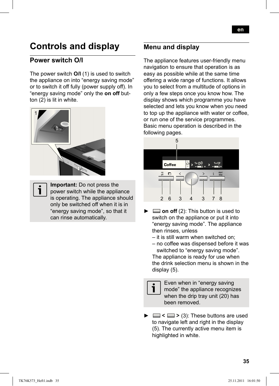 Controls and display, Power switch o/i, Menu and display | Siemens TK76K573 User Manual | Page 37 / 176