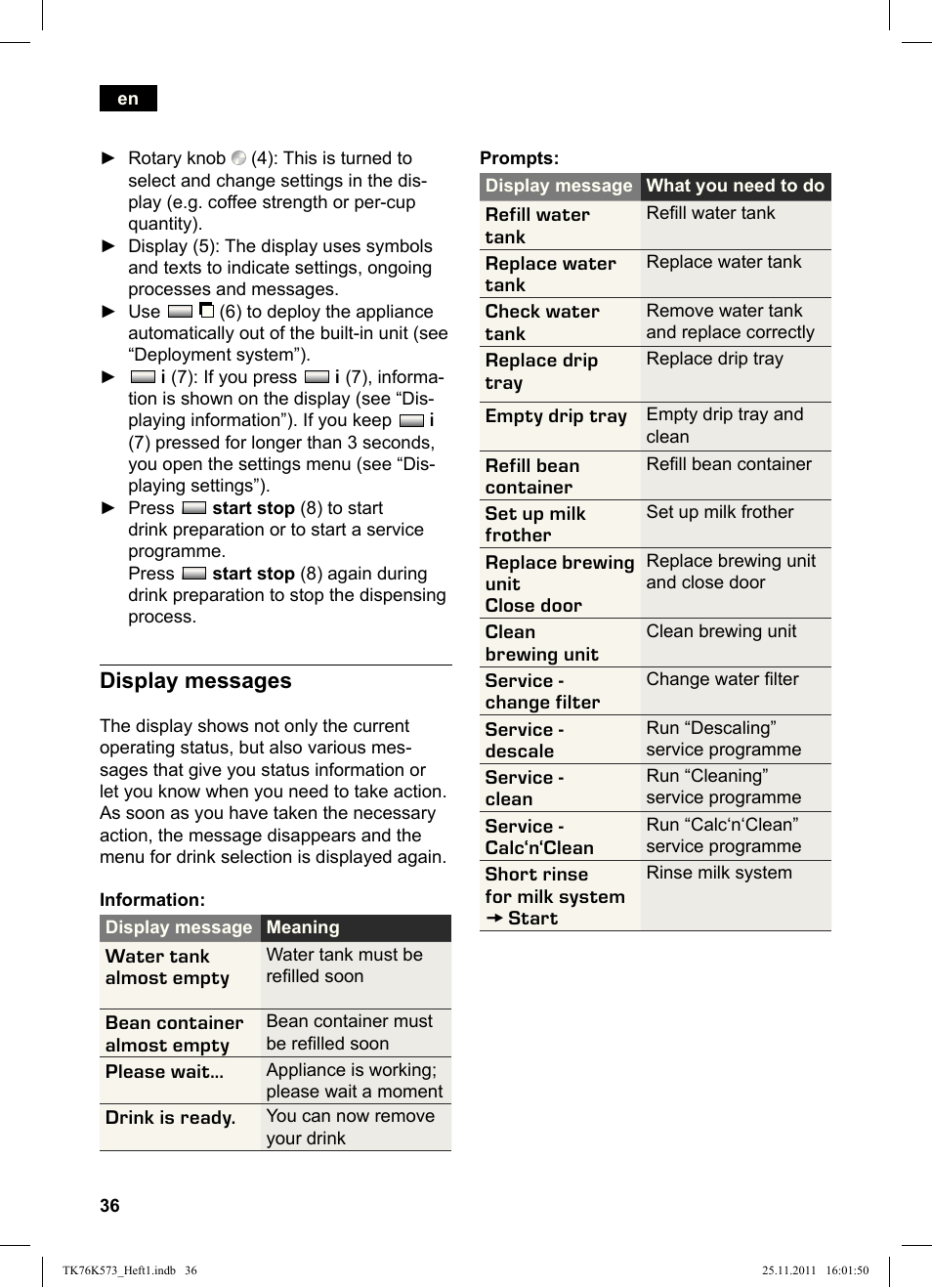 Display messages | Siemens TK76K573 User Manual | Page 38 / 176