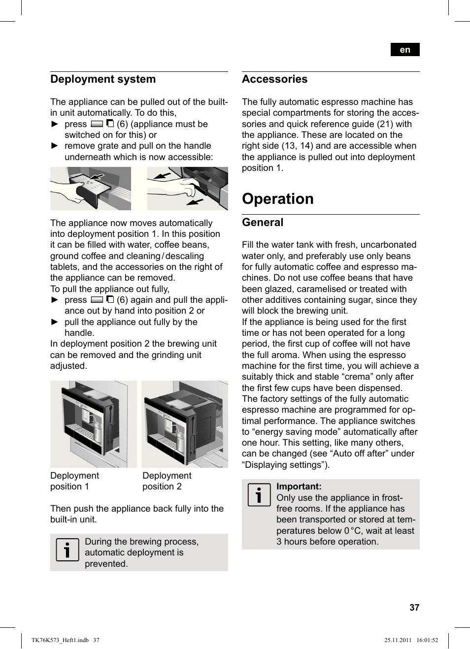 Operation, Deployment system, Accessories | General | Siemens TK76K573 User Manual | Page 39 / 176