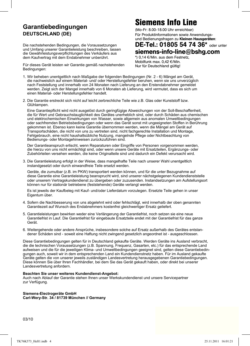 Siemens info line, Garantiebedingungen | Siemens TK76K573 User Manual | Page 4 / 176