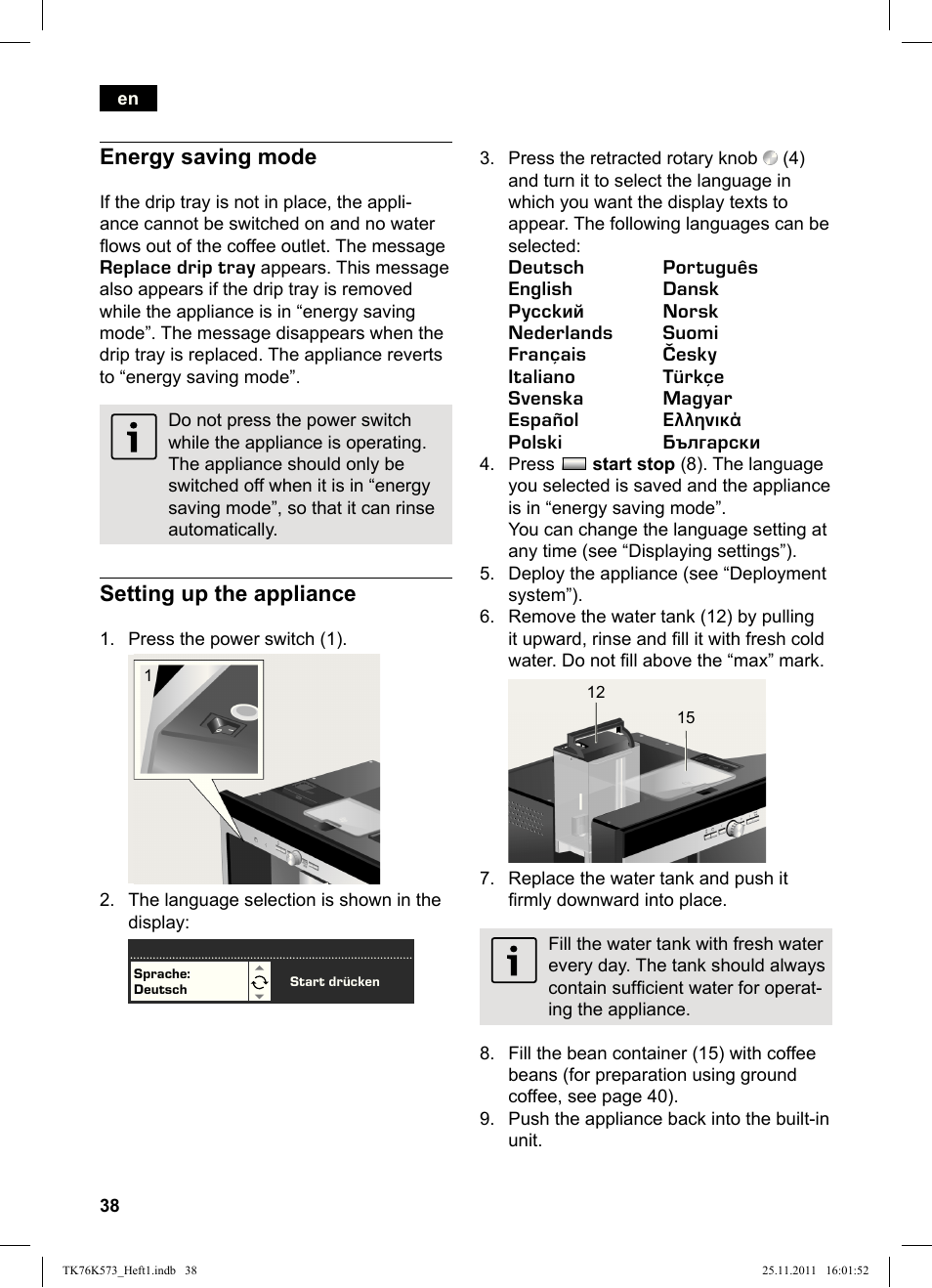 Energy saving mode, Setting up the appliance | Siemens TK76K573 User Manual | Page 40 / 176