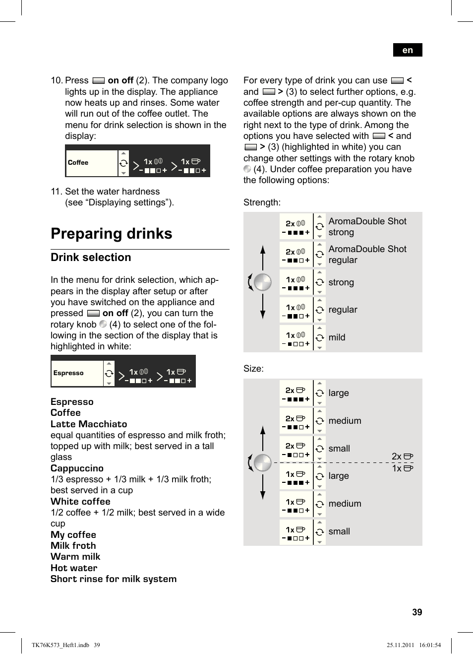 Preparing drinks, Drink selection | Siemens TK76K573 User Manual | Page 41 / 176