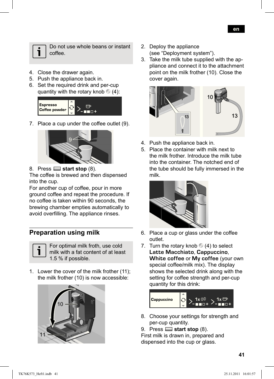 Preparation using milk | Siemens TK76K573 User Manual | Page 43 / 176