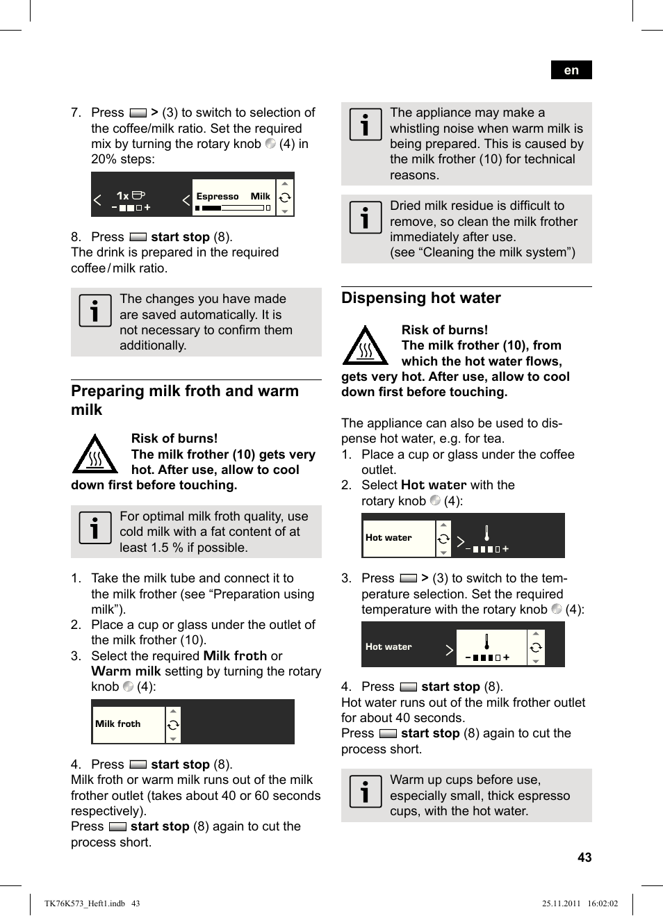 Preparing milk froth and warm milk, Dispensing hot water | Siemens TK76K573 User Manual | Page 45 / 176