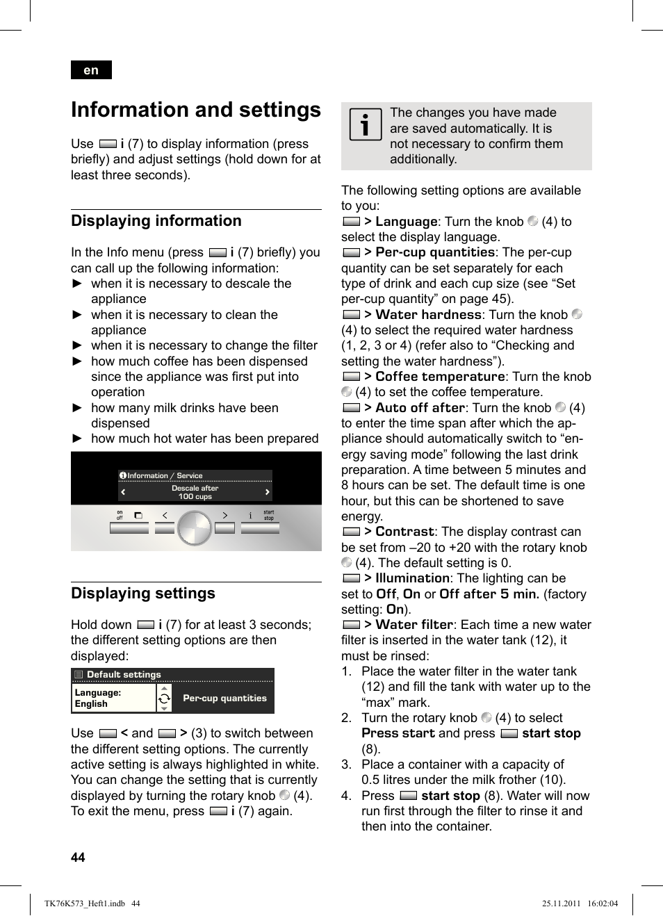 Information and settings, Displaying information, Displaying settings | Siemens TK76K573 User Manual | Page 46 / 176