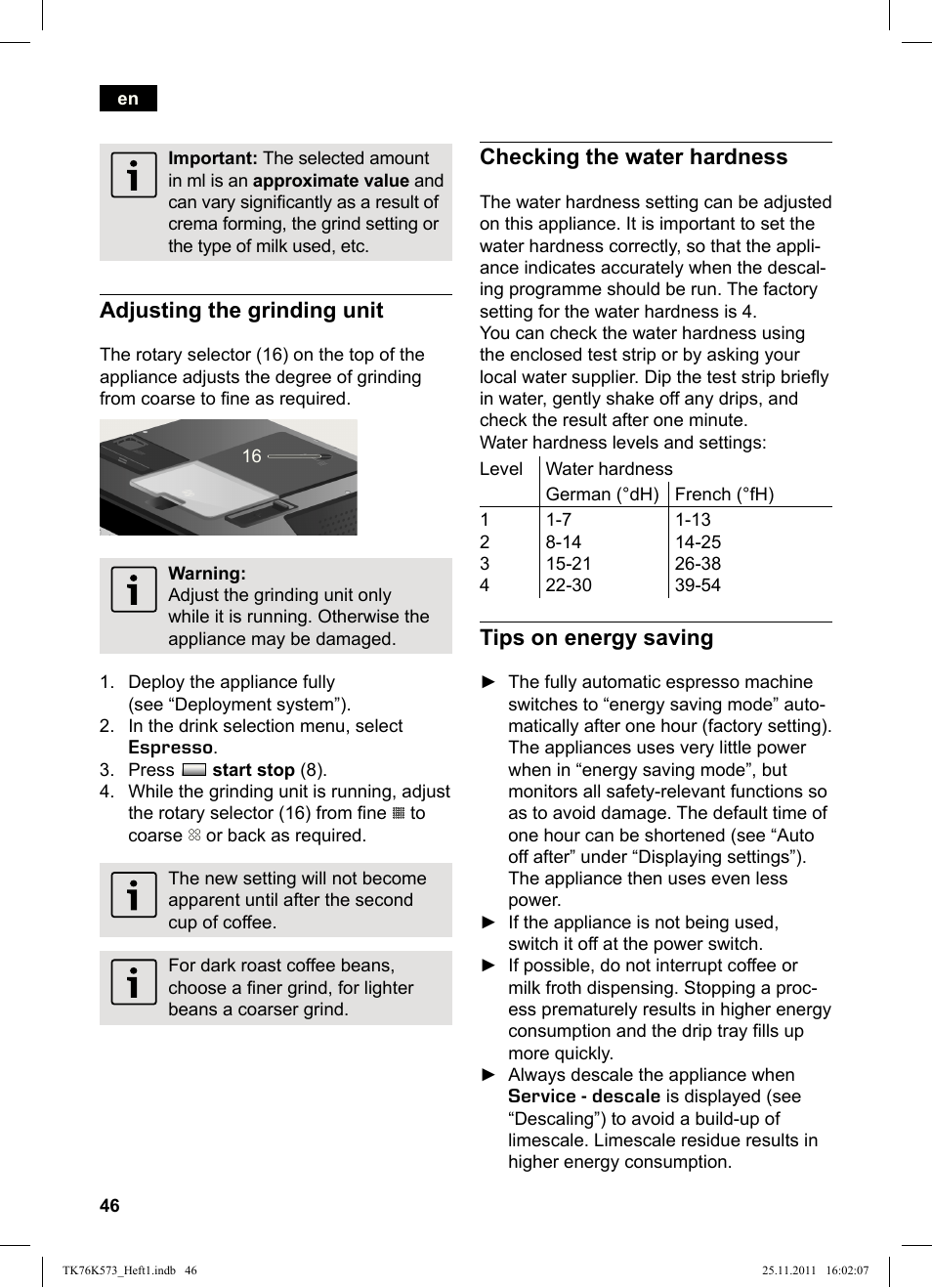 Adjusting the grinding unit, Checking the water hardness, Tips on energy saving | Siemens TK76K573 User Manual | Page 48 / 176