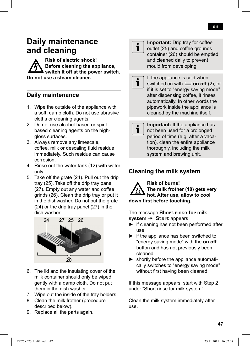 Daily maintenance and cleaning, Daily maintenance, Cleaning the milk system | Siemens TK76K573 User Manual | Page 49 / 176