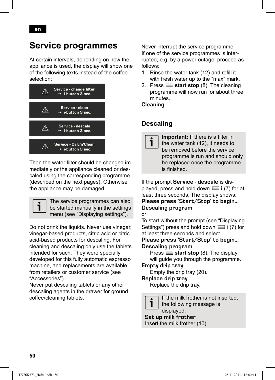 Service programmes, Descaling | Siemens TK76K573 User Manual | Page 52 / 176