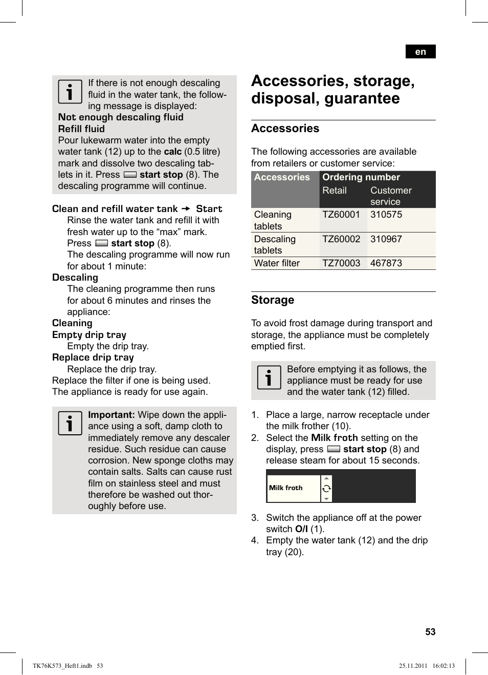 Accessories, storage, disposal, guarantee, Accessories, Storage | Siemens TK76K573 User Manual | Page 55 / 176