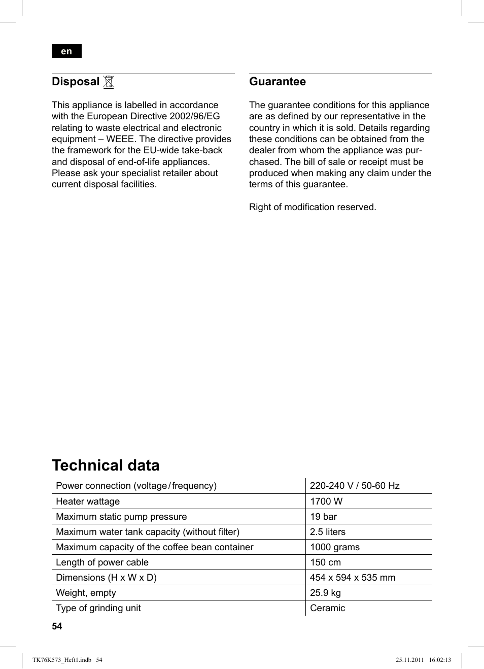 Technical data | Siemens TK76K573 User Manual | Page 56 / 176