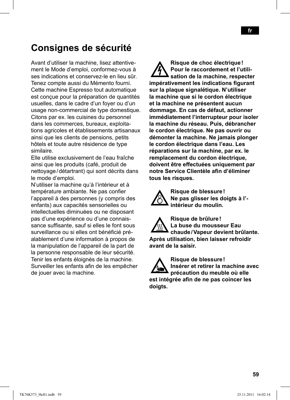 Consignes de sécurité | Siemens TK76K573 User Manual | Page 61 / 176