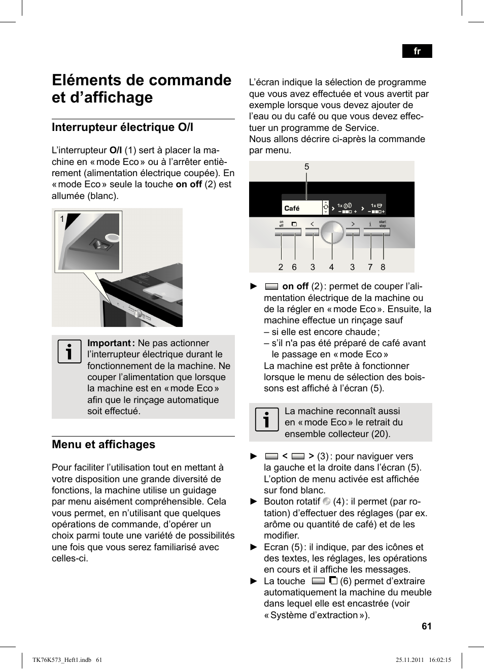 Eléments de commande et d’afi chage, Interrupteur électrique o/i, Menu et afi chages | Siemens TK76K573 User Manual | Page 63 / 176