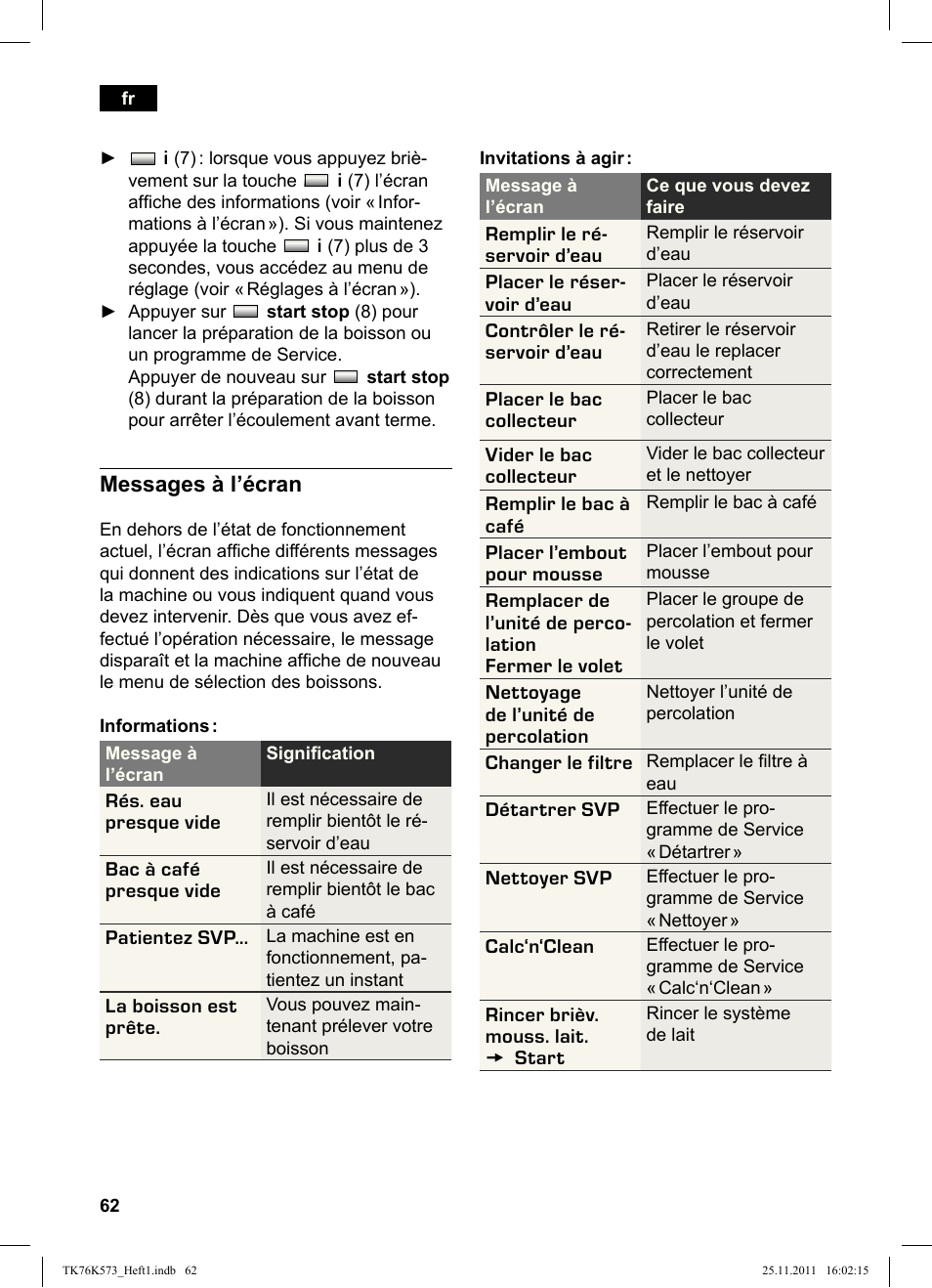 Messages à l’écran | Siemens TK76K573 User Manual | Page 64 / 176