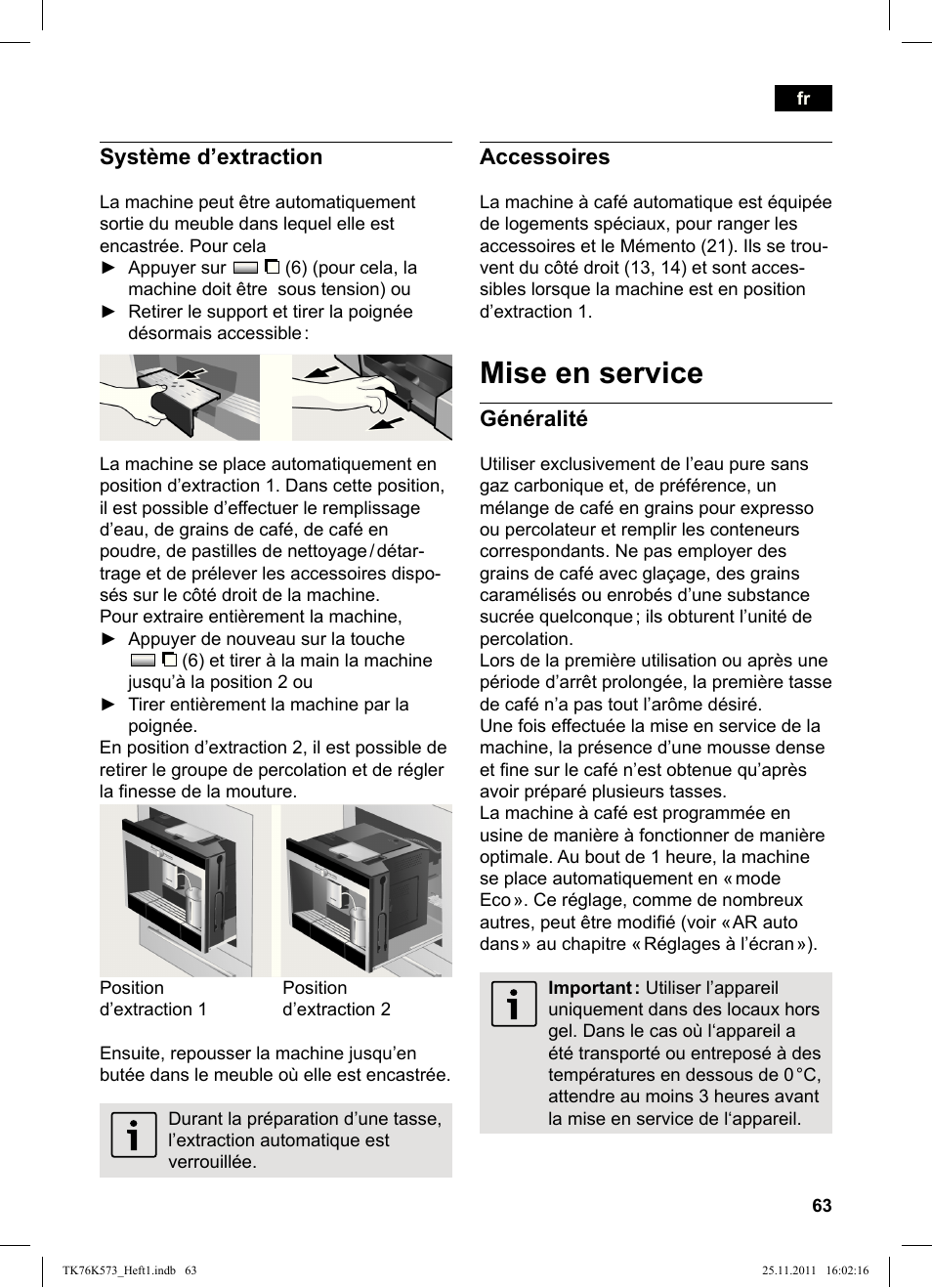 Mise en service, Système d’extraction, Accessoires | Généralité | Siemens TK76K573 User Manual | Page 65 / 176