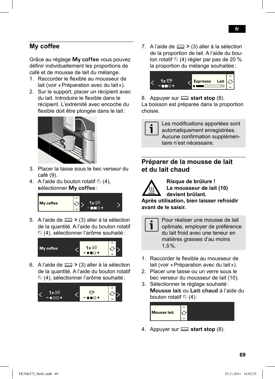 My coffee, Préparer de la mousse de lait et du lait chaud | Siemens TK76K573 User Manual | Page 71 / 176