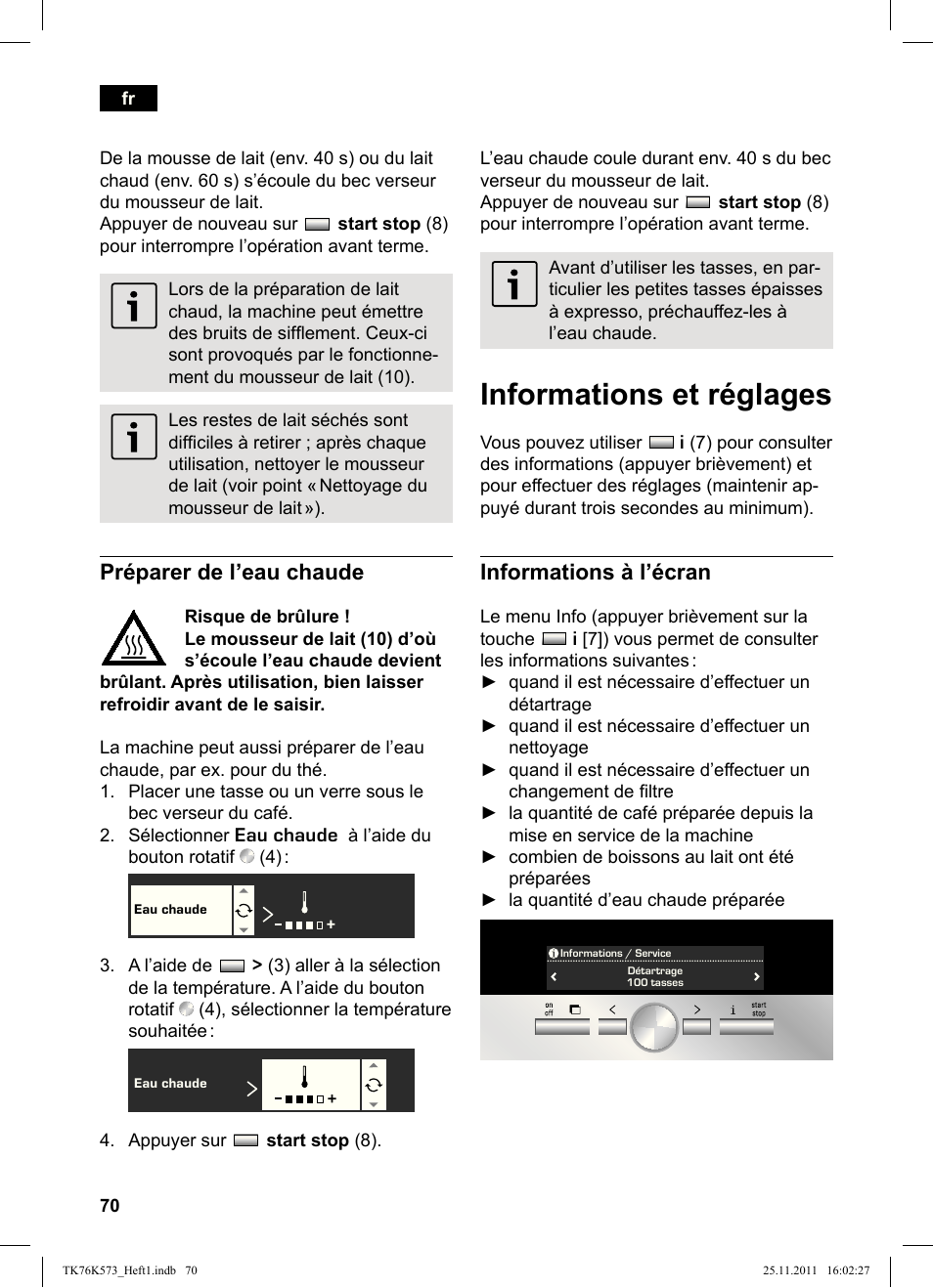 Informations et réglages, Préparer de l’eau chaude, Informations à l’écran | Siemens TK76K573 User Manual | Page 72 / 176