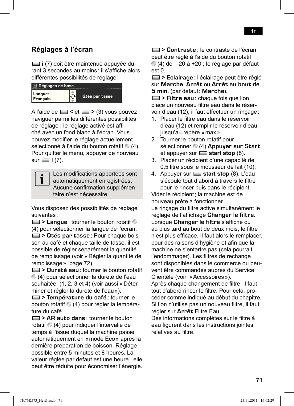 Réglages à l’écran | Siemens TK76K573 User Manual | Page 73 / 176