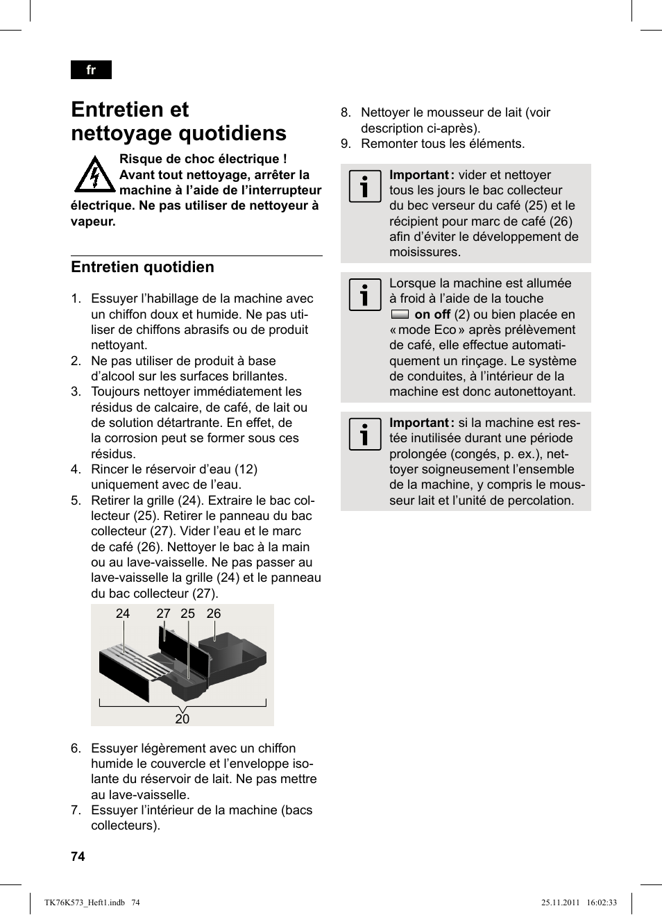 Entretien et nettoyage quotidiens, Entretien quotidien | Siemens TK76K573 User Manual | Page 76 / 176