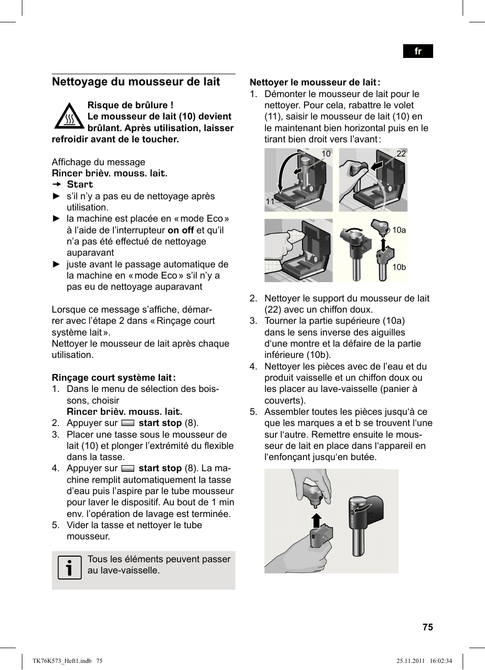 Nettoyage du mousseur de lait | Siemens TK76K573 User Manual | Page 77 / 176