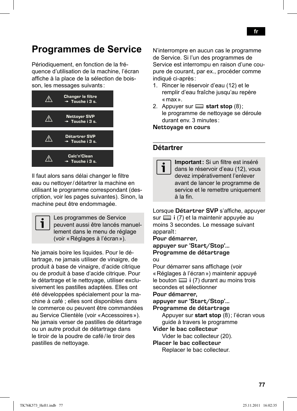 Programmes de service, Détartrer | Siemens TK76K573 User Manual | Page 79 / 176