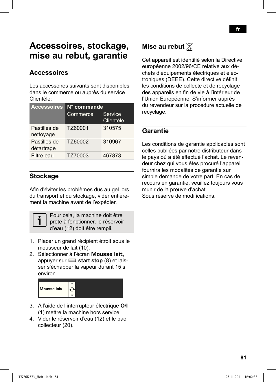 Accessoires, stockage, mise au rebut, garantie | Siemens TK76K573 User Manual | Page 83 / 176