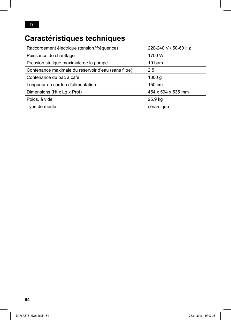 Caractéristiques techniques | Siemens TK76K573 User Manual | Page 86 / 176