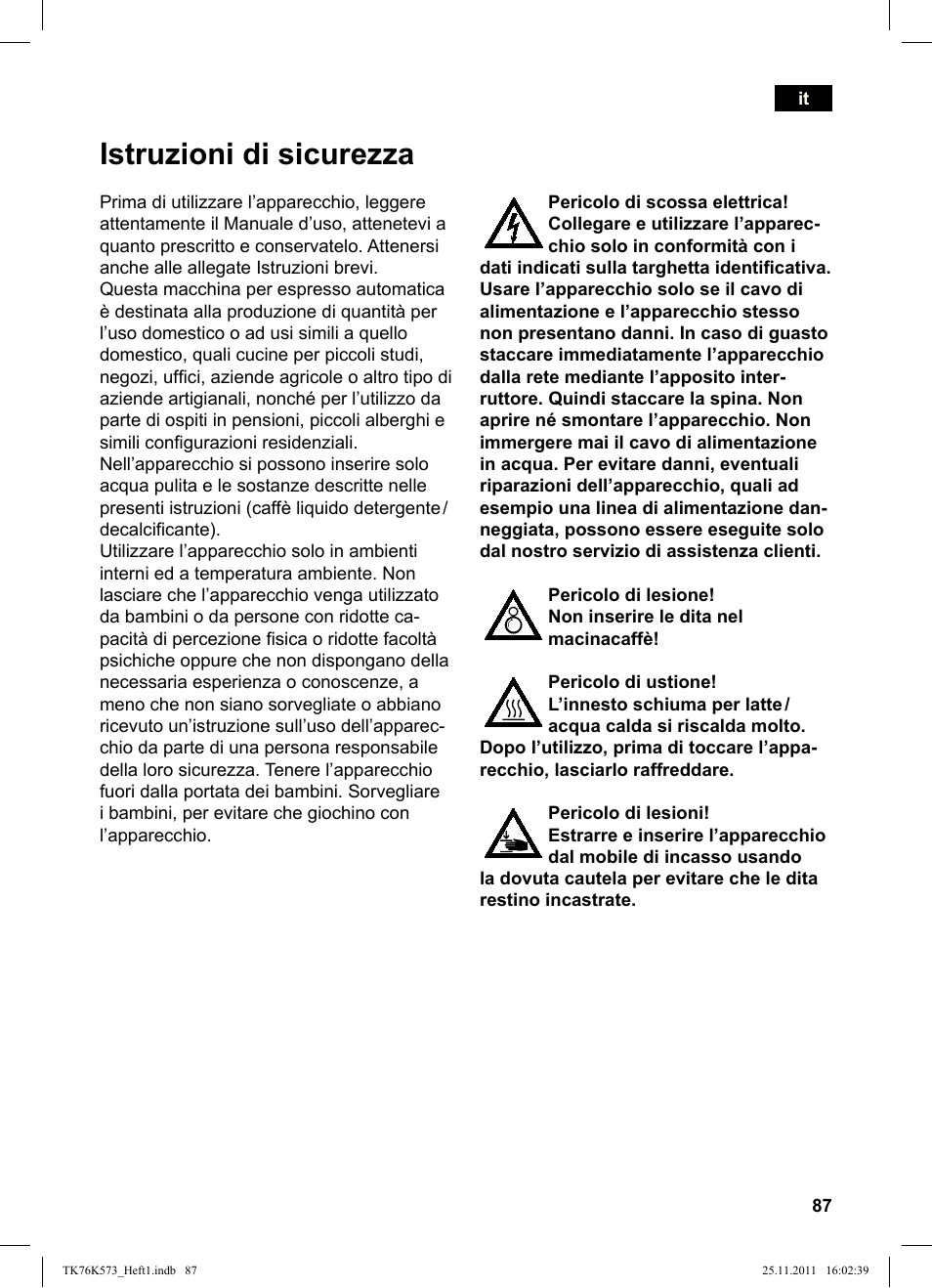 Istruzioni di sicurezza | Siemens TK76K573 User Manual | Page 89 / 176