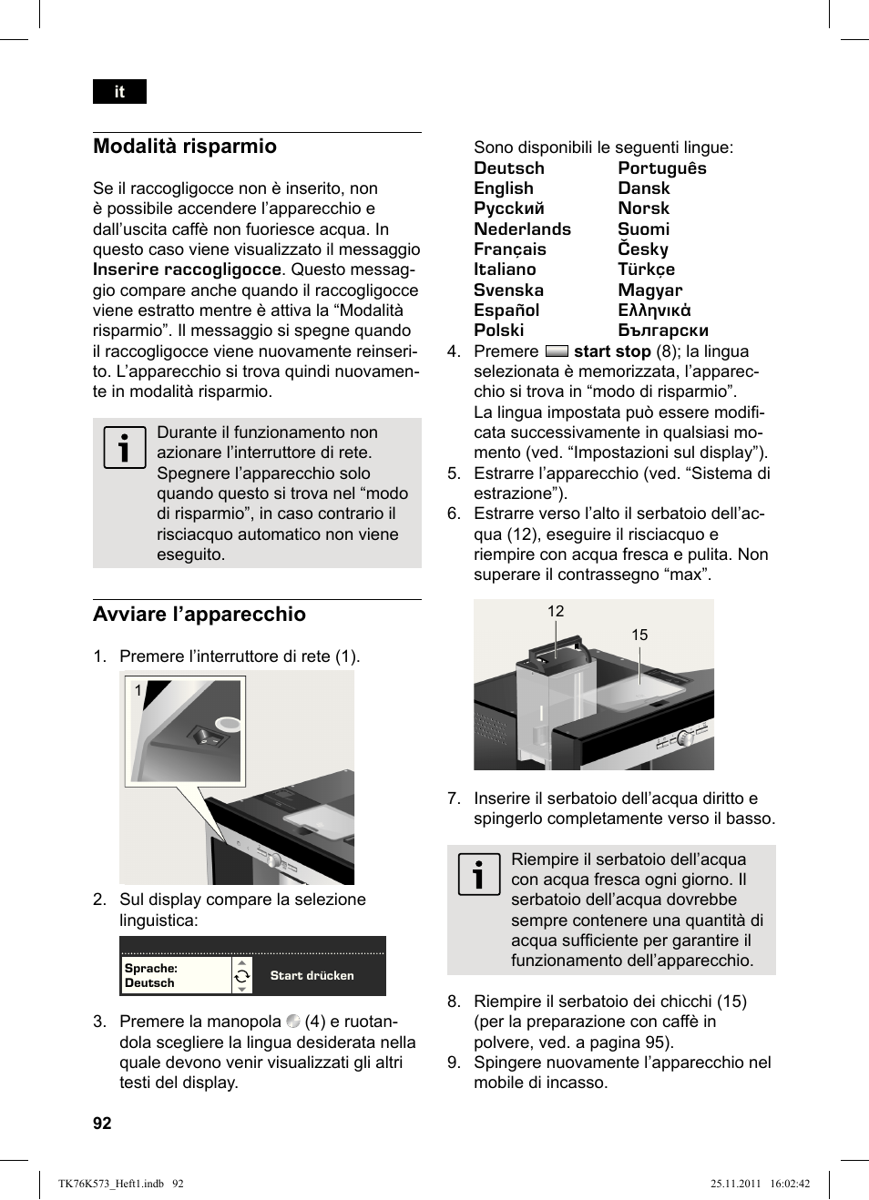 Modalità risparmio, Avviare l’apparecchio | Siemens TK76K573 User Manual | Page 94 / 176