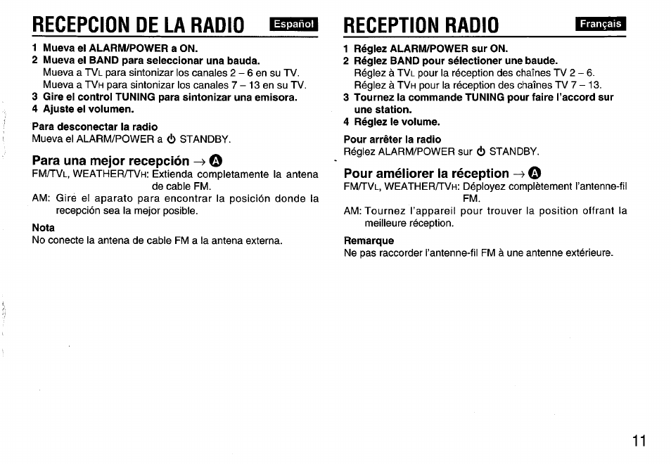 Para una mejor recepción ^ o, Pour améliorer la réception -> o, Recepcion de la radio | Reception radio | Aiwa FR-A308U User Manual | Page 11 / 20