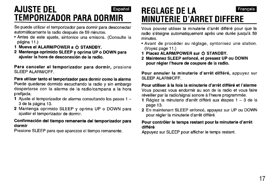 Ajuste del temporizador para dormir, Reglage de la minuterie d’arret differe | Aiwa FR-A308U User Manual | Page 17 / 20