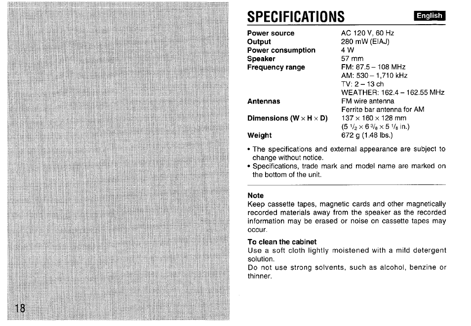 Specifications | Aiwa FR-A308U User Manual | Page 18 / 20