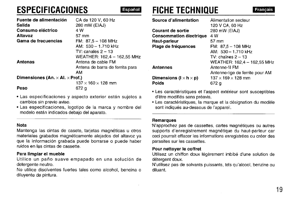 Espeolfícaciones, Fiche technique | Aiwa FR-A308U User Manual | Page 19 / 20