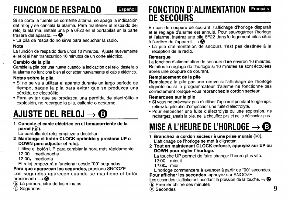 Mise a l’heure de l’horloge, Funcion de respaldo, Ajuste del reloj | Fdnctidn d’alimentatidn de secdurs | Aiwa FR-A308U User Manual | Page 9 / 20