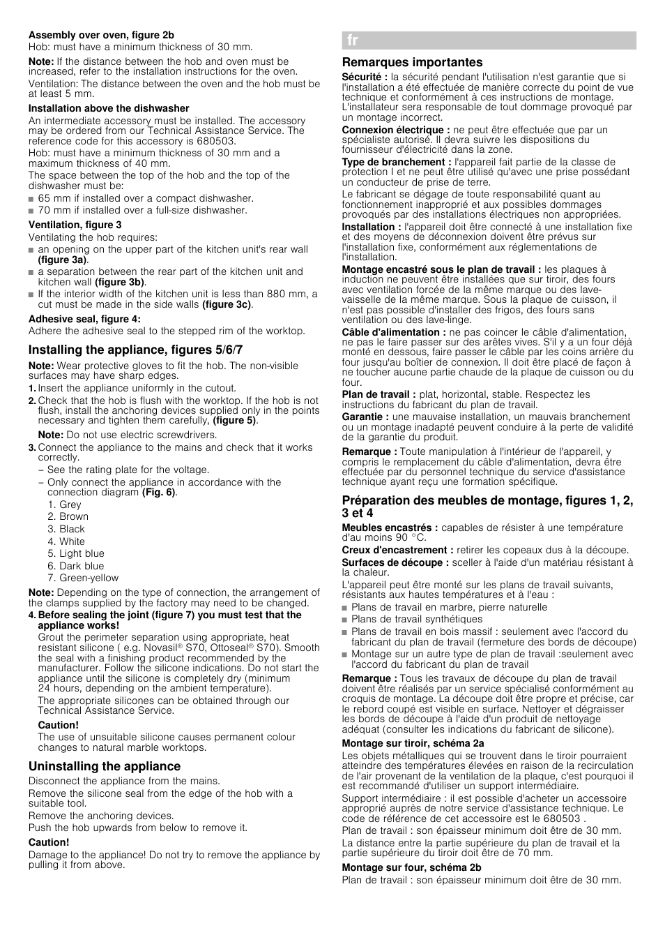 Assembly over oven, figure 2b, Hob: must have a minimum thickness of 30 mm, Note | Installation above the dishwasher, Ventilation, figure 3, Ventilating the hob requires, Adhesive seal, figure 4, Installing the appliance, figures 5/6/7, Insert the appliance uniformly in the cutout, Caution | Siemens EH901SK11 User Manual | Page 6 / 18