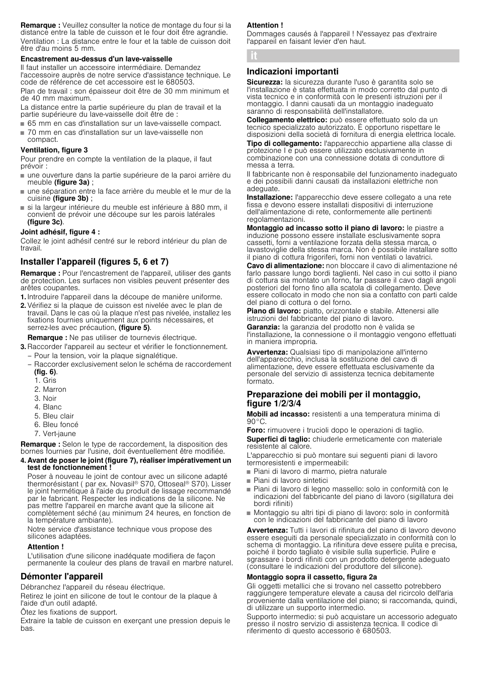 Remarque, Encastrement au-dessus d'un lave-vaisselle, Ventilation, figure 3 | Joint adhésif, figure 4, Installer l'appareil (figures 5, 6 et 7), Attention, Démonter l'appareil, Débranchez l'appareil du réseau électrique, Ôtez les fixations de support, Indicazioni importanti | Siemens EH901SK11 User Manual | Page 7 / 18
