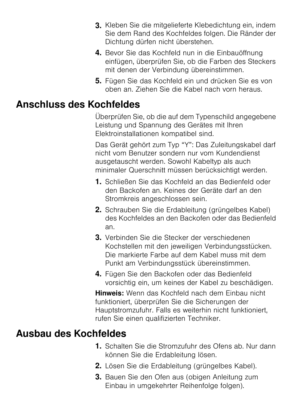 Anschluss des kochfeldes, Ausbau des kochfeldes | Siemens EA125501 User Manual | Page 10 / 101