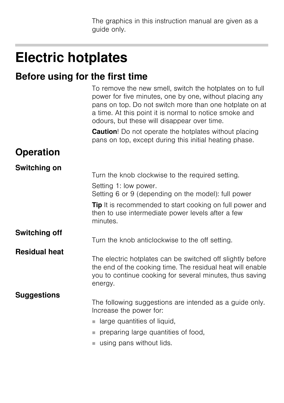 Electric hotplates, Before using for the first time, Operation | Switching on, Switching off, Residual heat, Suggestions | Siemens EA125501 User Manual | Page 13 / 101